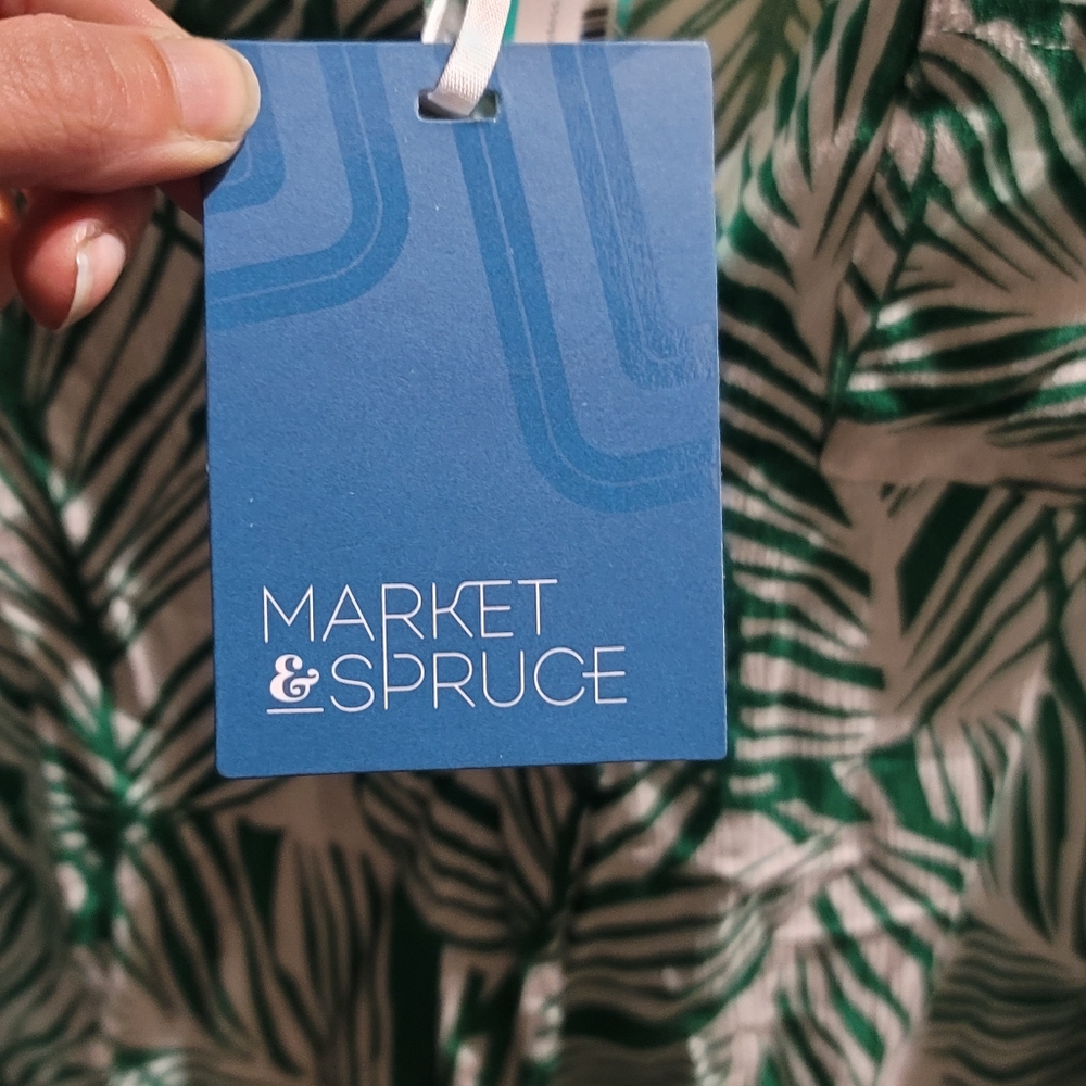 Market & Spruce Prat Teal Green Leaf Print Sleeveless Henley Top - Picture 4 of 8